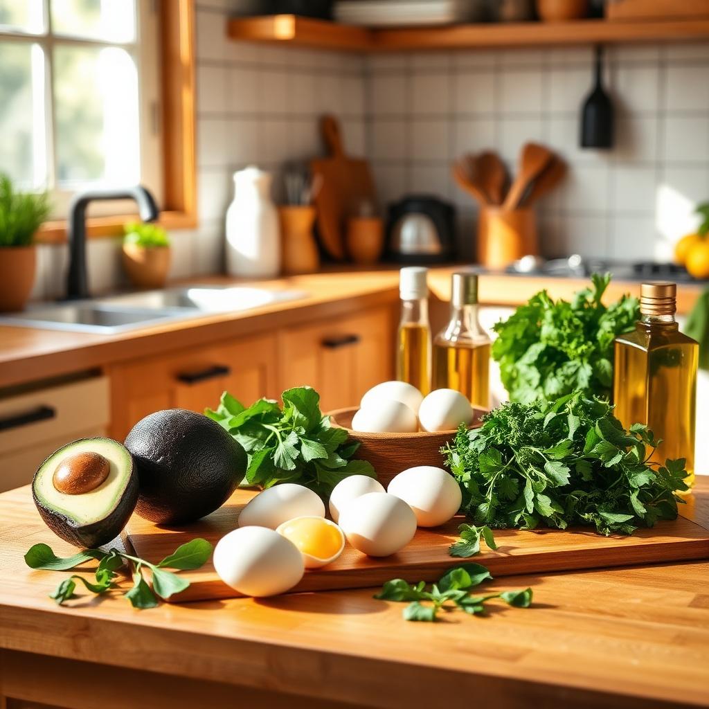 Bancada de cozinha com abacate, ovos, azeite e ervas frescas